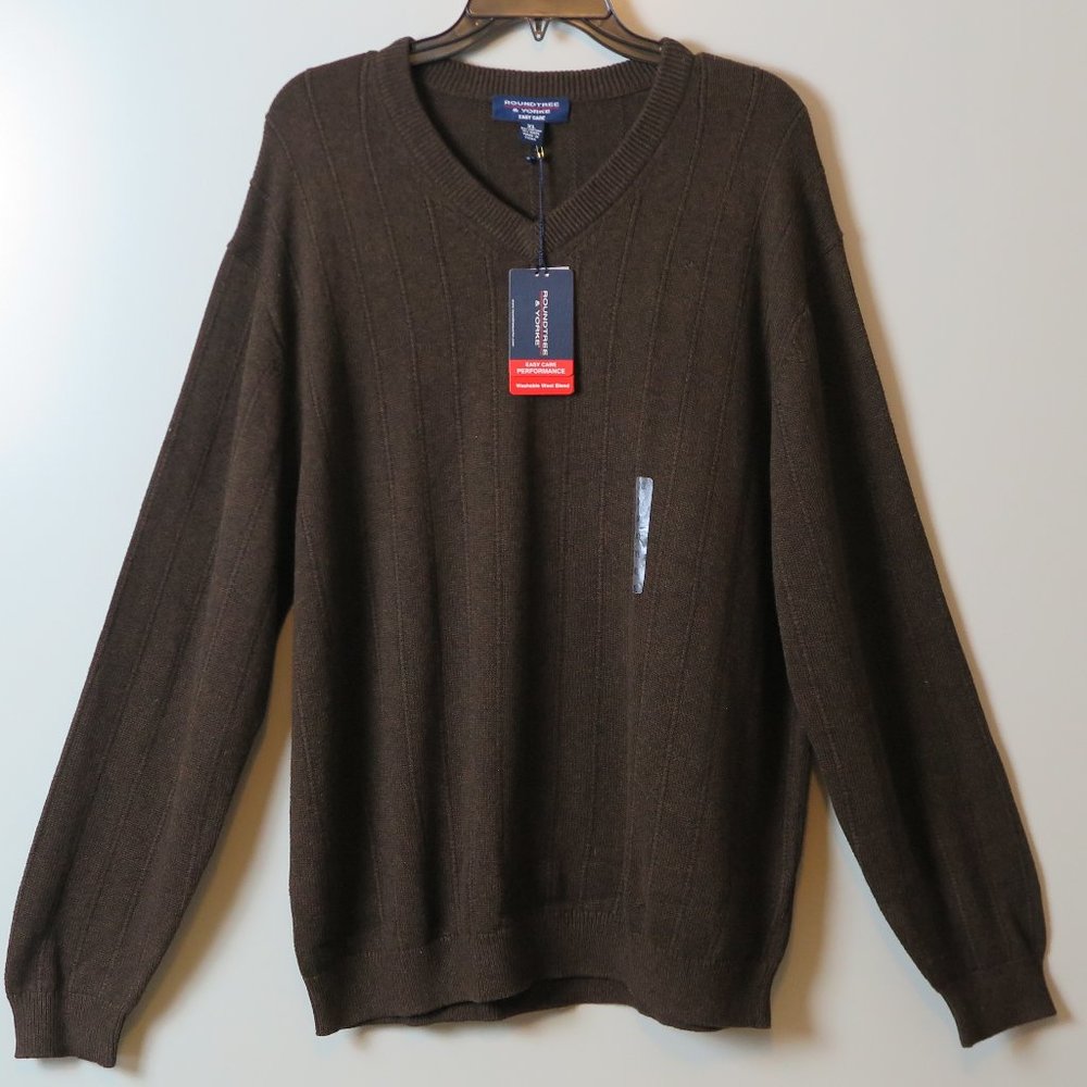 NWT Roundtree & Yorke Brown Washable Wool Cotton Blend V-Neck Sweater Size XL